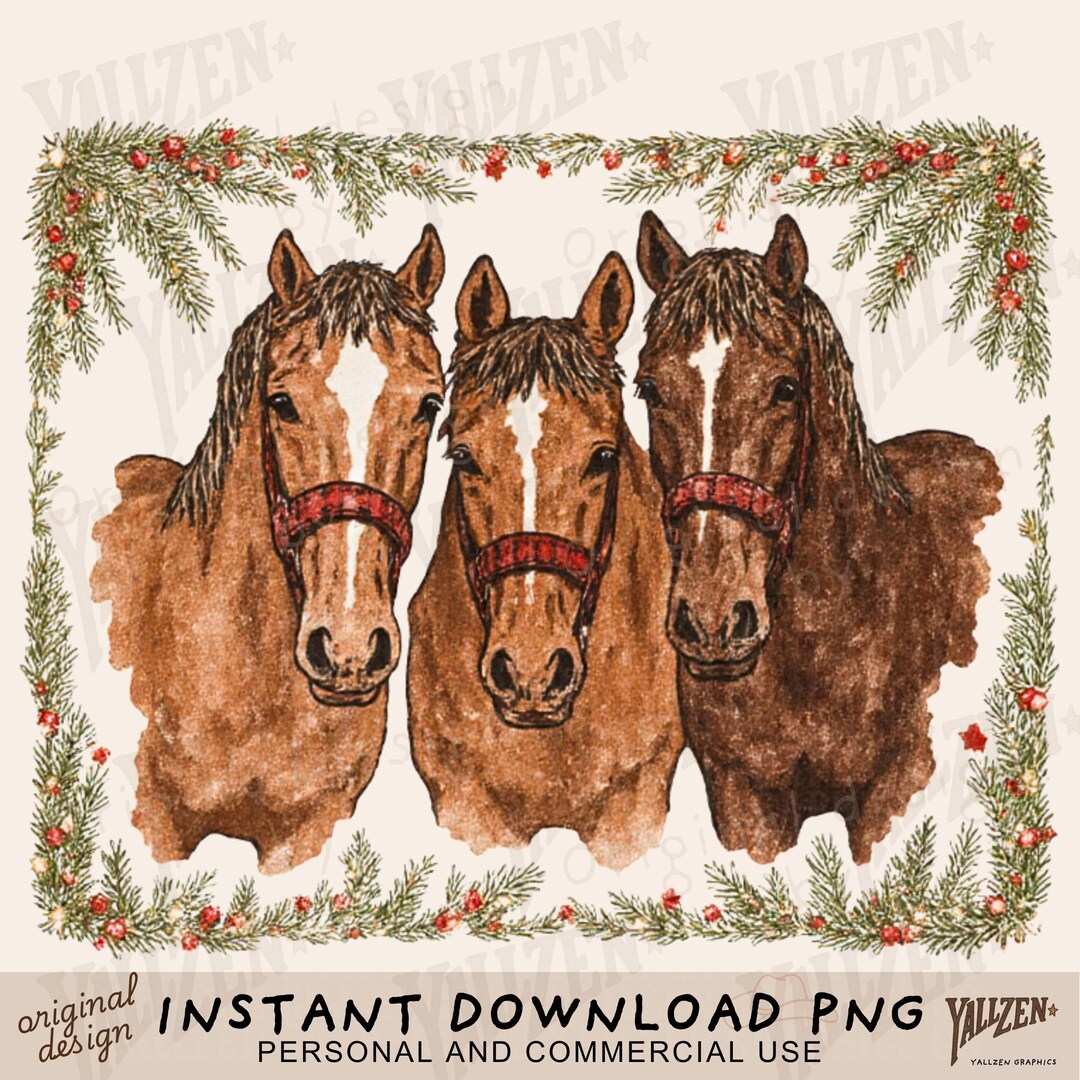 Christmas Horses PNG, Vintage Horse Illustration, Festive Farm Animal ...