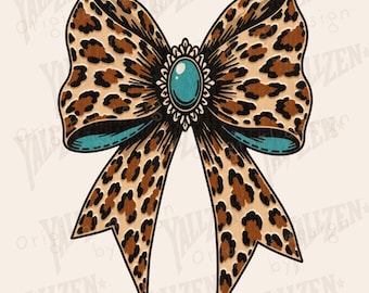 May include: A large brown and tan leopard print bow with a turquoise jewel in the center.