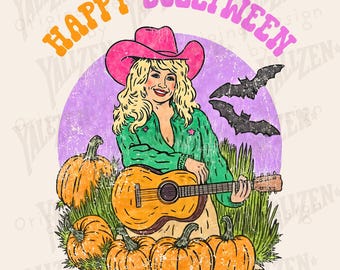 May include: A vintage-style graphic featuring a woman in a pink cowboy hat and green outfit playing a guitar, surrounded by pumpkins and bats. The text reads "Happy Dollyween".