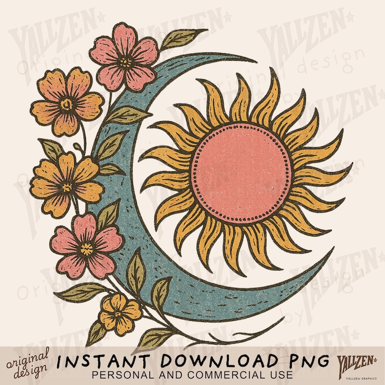 Sun and Moon PNG, Retro Celestial Clipart, Boho Sunflower Graphic for T-Shirts, Hippie Floral Sublimation Design, PNG Download