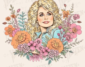 Vintage Dolly blommigt porträtt av western cowgirl PNG | Retro countrymusikikon clipart digital nedladdning