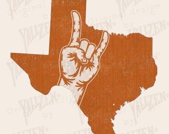May include: A digital download of a graphic design featuring a white hand making the 'rock on' hand gesture over an orange outline of the state of Texas. The design is perfect for use on t-shirts, mugs, and other merchandise.