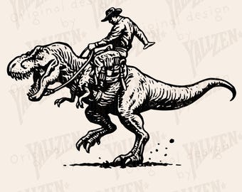 Op de afbeelding: Zwart-wit illustratie van een cowboy die op een Tyrannosaurus Rex rijdt. De cowboy draagt een hoed en heeft een rugzak. De tekst "INSTANT DOWNLOAD PNG" en "PERSONAL AND COMMERCIAL USE" is inbegrepen.