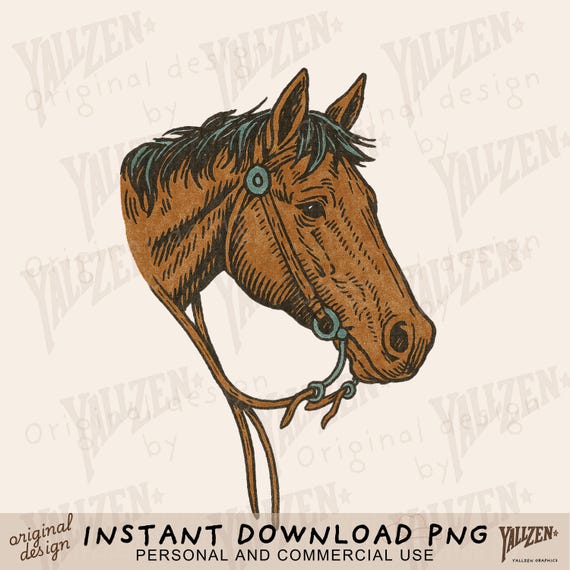 Horse Head PNG | Vintage Western Horse Clipart | Cowboy Sublimation Design for T-Shirts, Rodeo Crafts, Farm Decor