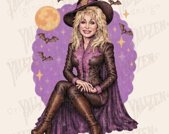 May include: Digital illustration of a woman in a witch costume, wearing a brown hat and boots, and a purple cape. The image includes bats, stars, and a full moon. Text reads "INSTANT DOWNLOAD PNG PERSONAL AND COMMERCIAL USE".