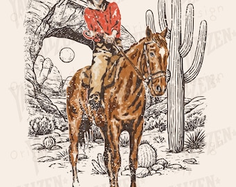 May include: A digital illustration of a person riding a horse in a desert landscape. The person wears a red shirt and a pink cowboy hat. The horse is brown and tan. The background features a cactus, mountains, and the text "INSTANT DOWNLOAD PNG".