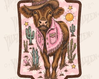 Pink Cowgirl Cow PNG – Western Highland Calf Clipart with Hat & Fringe Vest, Desert Boho Digital Download