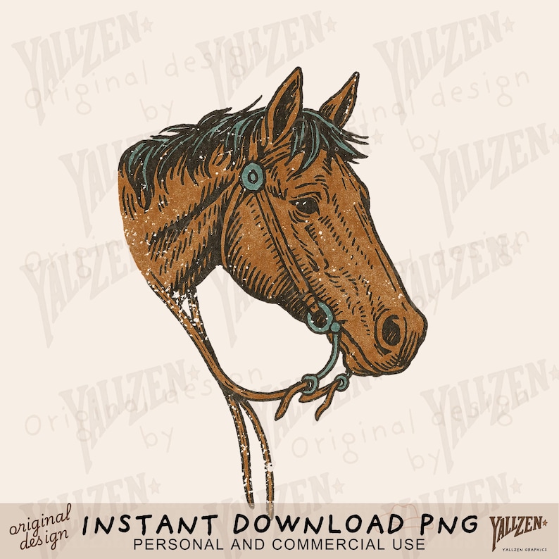 May include: A vintage illustration of a brown horse's head with a bridle. The horse is looking to the left and has a textured, distressed look.