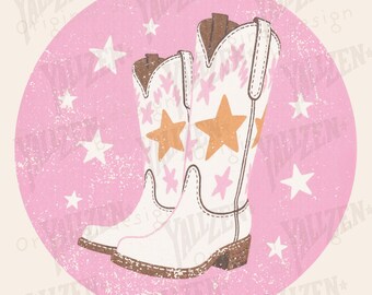 May include: Illustration of a pair of white cowboy boots with brown soles and accents, adorned with orange and pink stars. The boots are set against a pink background with white stars, with the text "INSTANT DOWNLOAD PNG" and "PERSONAL AND COMMERCIAL USE".