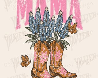 Western Mama PNG | Bluebonnets in Cowboy Boots T-Shirt Design | Country Rustic Digital Download