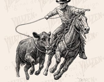 May include: Black and white illustration of a cowboy roping a calf while riding a horse. The cowboy wears a hat and is holding a rope. The text "INSTANT DOWNLOAD PNG" and "PERSONAL AND COMMERCIAL USE" is at the bottom.