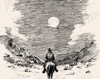 Lone Cowboy Sunset PNG Digital Download • Vintage Western Landscape Line Art • Rustic Cowboy Wall Print Sublimation Clipart