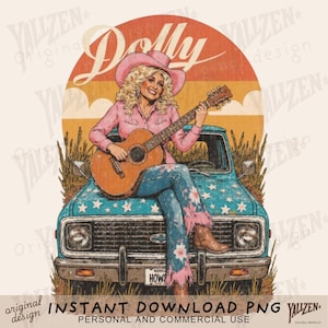 以下が含まれることがあります： レトロなフォントで「Dolly」と書かれた夕焼けを背景に、ヴィンテージの青いピックアップトラックのボンネットに座り、ギターを持ったカントリーミュージックの歌手を描いたデジタルイラストです。