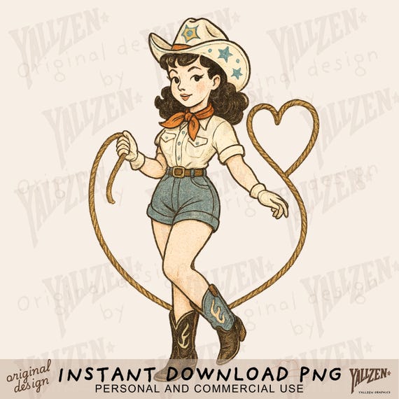 レトロなカウガール投げ縄ハートPNG – 昇華転写用ヴィンテージ 