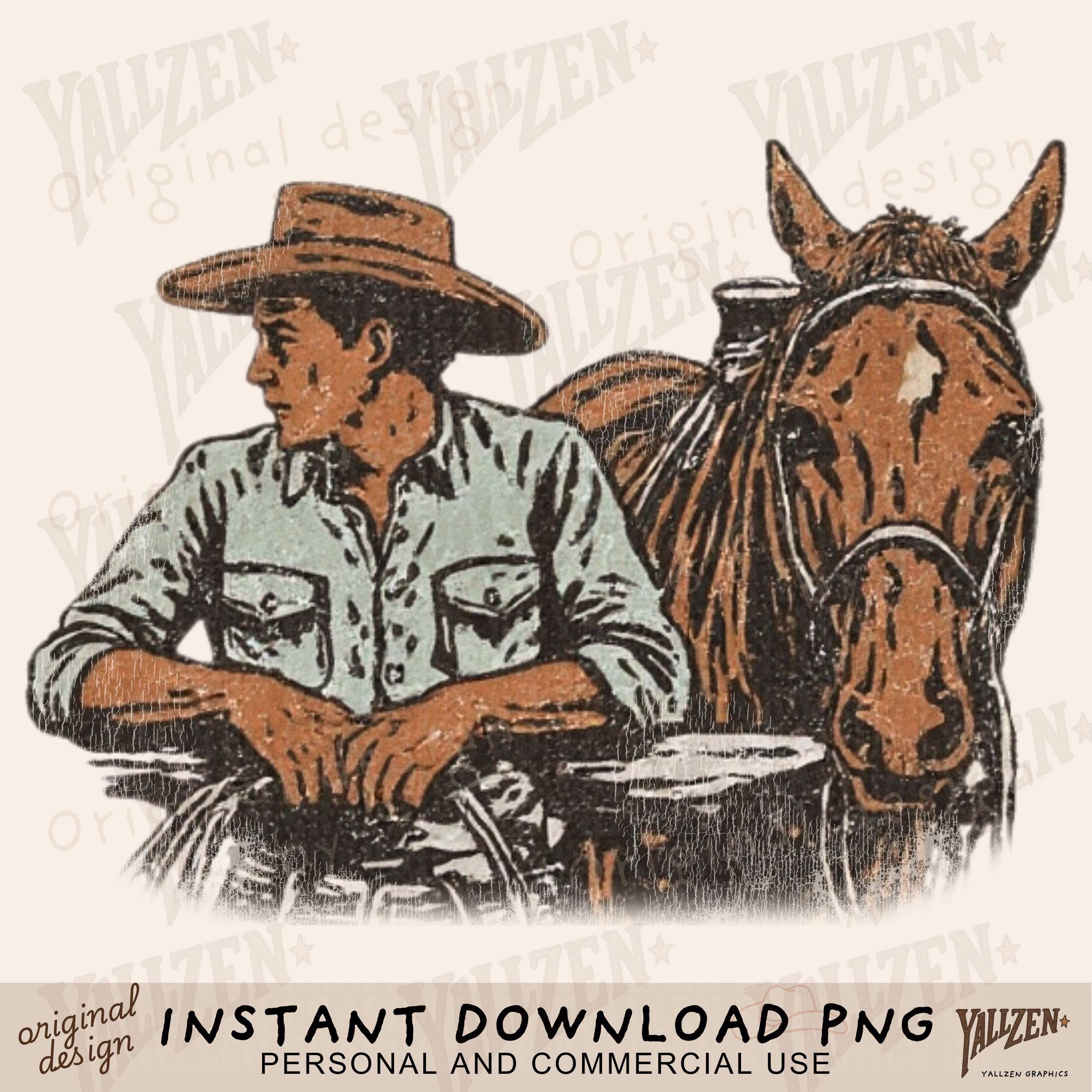Vintage Cowboy PNG – Retro Western Ranch Clipart for Sublimation, Country Rodeo Horse Art Digital Download