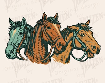 Trío de caballos del oeste PNG: clipart vintage de caballo campestre para sublimación, descarga digital de arte vaquero, granja y rancho en formato JPG