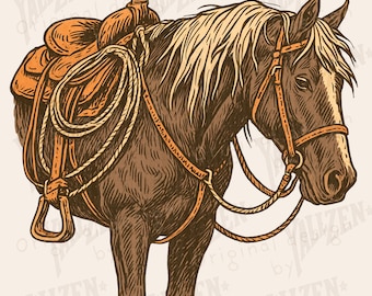 Western Saddle Horse PNG Digital Download • Vintage Cowboy Ranch Sublimation • Rustic Country Farm Clipart