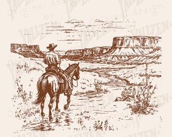 May include: A line drawing of a cowboy riding a horse through a river in a desert landscape. The cowboy is wearing a hat and a long-sleeved shirt. The horse is brown and has a long tail. The river is winding and there are mountains in the background.