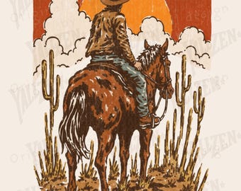 May include: A vintage-style illustration of a cowboy riding a horse through a desert landscape. The cowboy is wearing a brown hat and a brown jacket. The horse is brown and has a long tail. The background is a sunset with clouds and cacti.