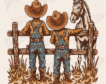 May include: Two boys wearing cowboy hats and overalls stand by a wooden fence with a white horse. The boys are looking at the horse, which is standing on the other side of the fence. The scene is set in a field with tall grass.