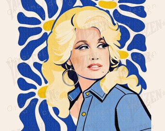 May include: Pop art style illustration of a woman with blonde hair, wearing a blue shirt and hoop earrings, set against a background of blue and yellow flower shapes. The image includes the text "INSTANT DOWNLOAD PNG" and "PERSONAL AND COMMERCIAL USE".