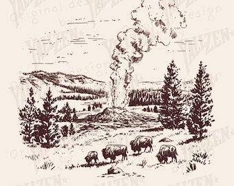 Vintage Yellowstone Geyser & Bison PNG – Rustic National Park Clipart, Western Printable