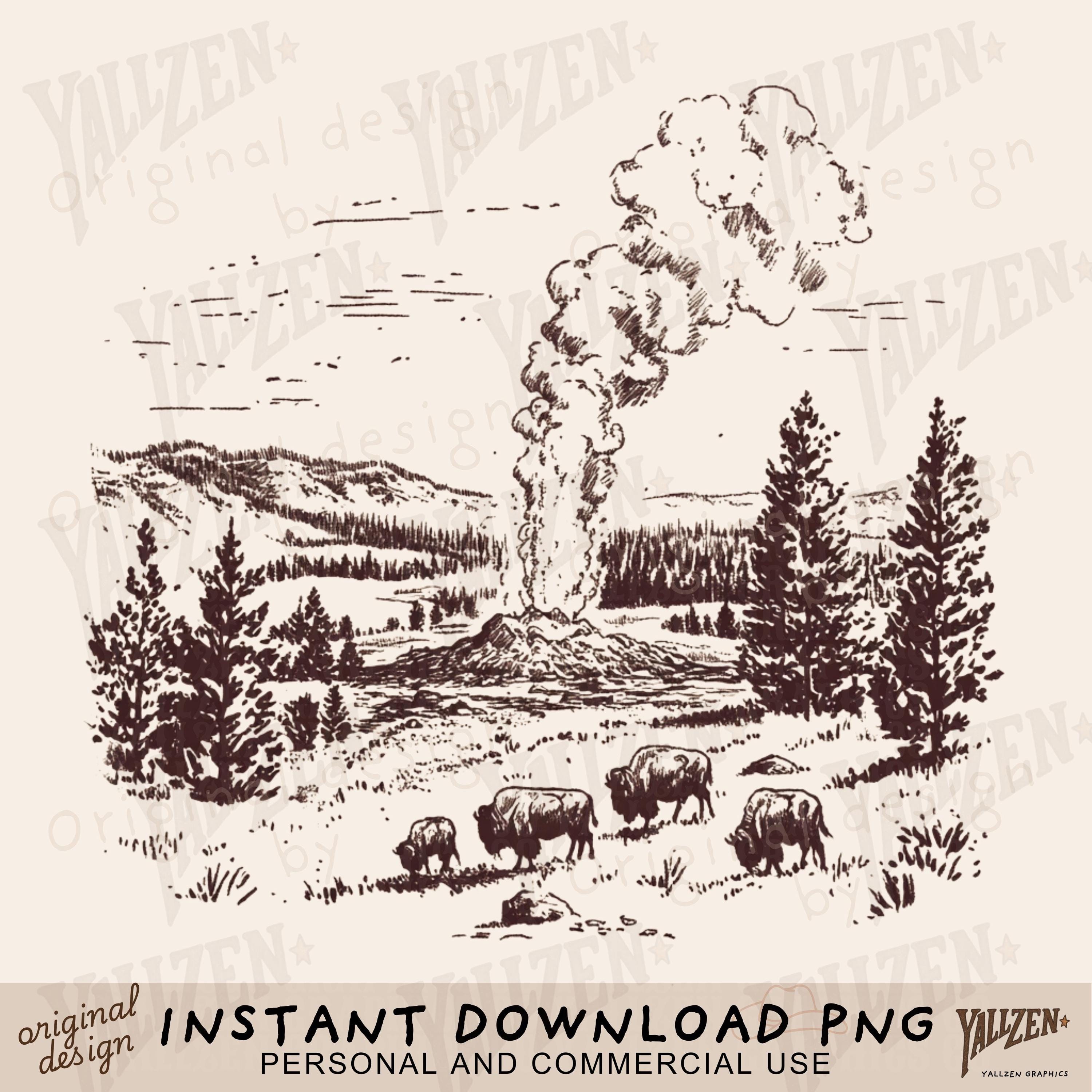 Vintage Yellowstone Geyser & Bison PNG – Rustic National Park Clipart ...