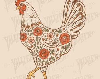 Vintage Floral Chicken PNG | Rustic Farmhouse Rooster Clipart | Country Kitchen Digital Download