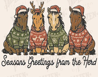 Seasons Greetings Horse PNG • Rustic Christmas Herd Clipart • Farmhouse Holiday Horse Sublimation Digital Download