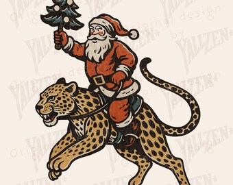 Santa Riding Leopard PNG, Vintage Christmas Illustration, Retro Santa Leopard Clipart, Holiday Graphic Download, Christmas Art PNG