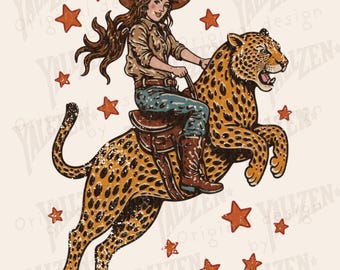 Cowgirl Riding Leopard PNG, Western Jungle Sublimation, Leopard Rider Clipart, Rodeo Girl Wildcat Art, Instant Digital Download