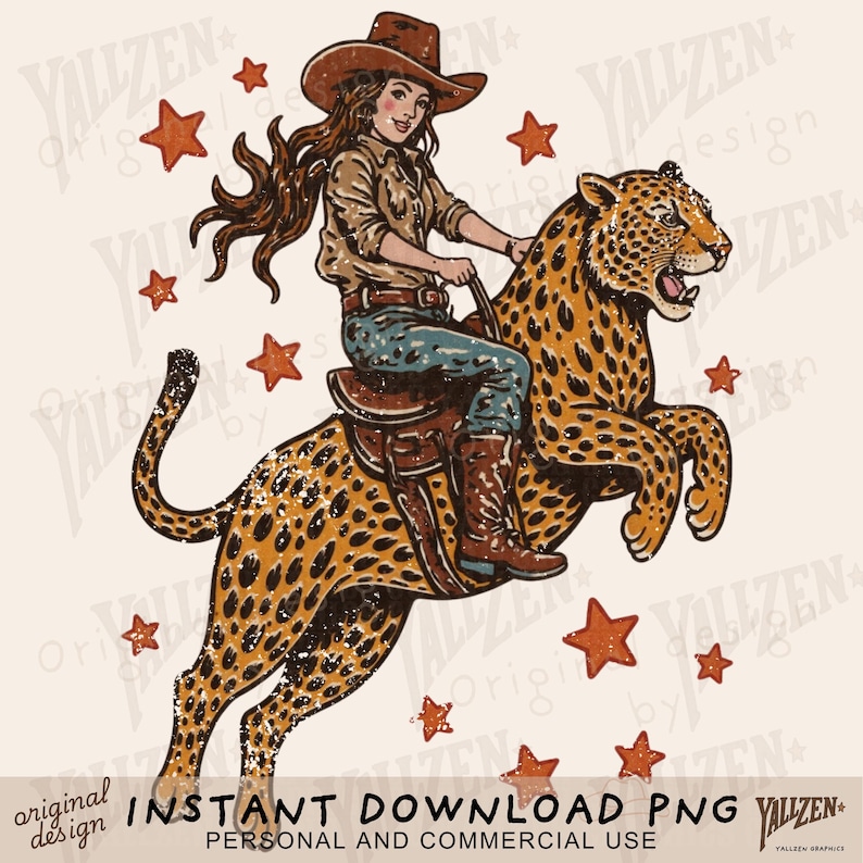 Cowgirl Riding Leopard PNG, Western Jungle Sublimation, Leopard Rider Clipart, Rodeo Girl Wildcat Art, Instant Digital Download