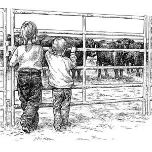May include: A black and white sketch depicts two children looking at cattle through a metal fence. The children are wearing jeans and long-sleeved shirts. The cattle are dark and fill the background.