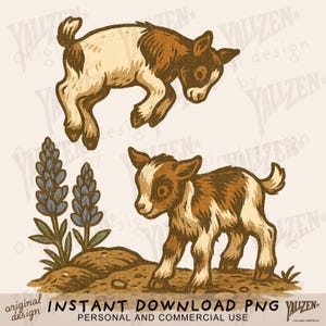 Add some adorable farm flair to your designs with this charming Baby Goat PNG! This Western-style illustration features two bouncing kid goats among blooming bluebonnets – perfect for T-shirts, kids’ clothing, nursery prints, or any rustic-themed project.

Drawn in a vintage-inspired, detailed style, this high-resolution clipart works beautifully for sublimation printing, Cricut and Silhouette crafts, or even farmhouse-themed gifts.