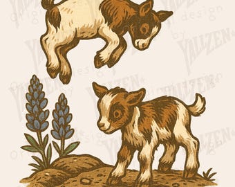 Baby Goat PNG | Cute Kid Goat Clipart with Bluebonnets | Western Farm Animal Sublimation for T-Shirts & Crafts