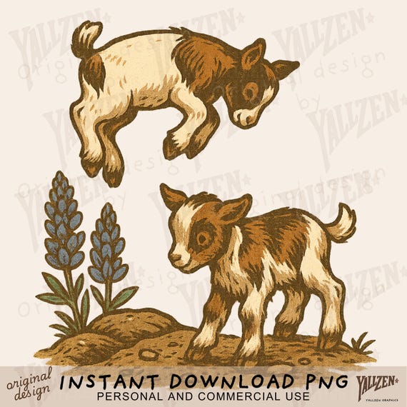 Baby Goat PNG | Cute Kid Goat Clipart with Bluebonnets | Western Farm Animal Sublimation for T-Shirts & Crafts