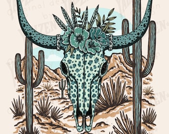 Turquoise Longhorn Skull PNG – Western Desert Cow Skull Clipart with Flowers and Cactus