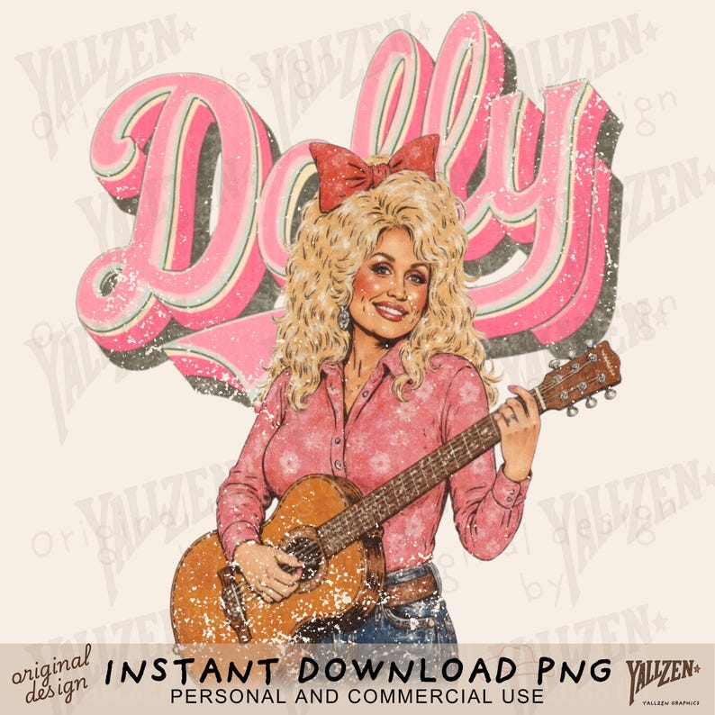K&ouml;nnte beinhalten: Eine digitale Illustration von Dolly Parton, die Gitarre spielt. Das Bild ist im Vintage-Stil mit einem rosa-wei&szlig;en Farbschema gehalten. Der Text "Dolly" ist in gro&szlig;en, rosafarbenen Buchstaben mit einem verwitterten Look.