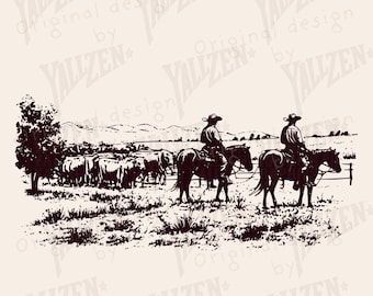 Cowboys Herding Cattle PNG | Western Ranch Clipart | Rustic Rodeo Digital Download