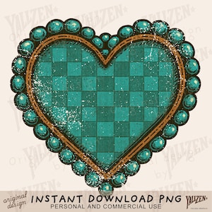 Turquoise Western Heart PNG, Checkerboard Cowgirl Heart Clipart, Rustic Country Sublimation Design, Digital Download for T-Shirts