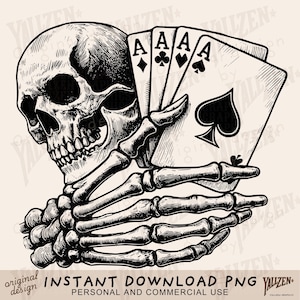Skeleton Poker Hand PNG, Four Aces Skull Clipart, Digital download
