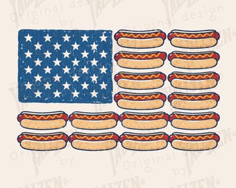 Hotdog mit amerikanischer Flagge (PNG), lustiges patriotisches Hotdog-Design, Grafik zum Unabhängigkeitstag, Grillen am 4. Juli (PNG), lustige Flagge