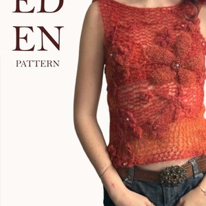Peut inclure: Un patron de top en crochet appelé "EDEN PATTERN" avec un dégradé de couleur rouge et orange. Le haut présente un motif de fleurs crochetées avec des perles.