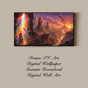 May include: A rectangular digital print featuring a fantasy landscape with a vibrant rainbow emerging from a cave, rocky cliffs, a small orange creature, and a flying dragon against a sunset sky. Below the image, the text reads: Frame TV Art, Digital Wallpaper, Instant Download, Digital Wall Art.