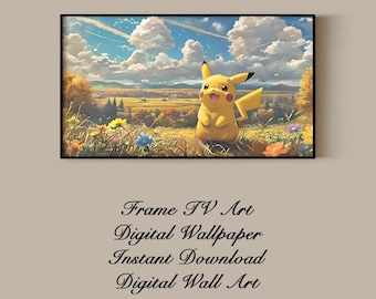 Arte otoñal de Pikachu de Ghibli: Paisaje de anime acogedor (Descarga digital para Samsung Frame TV 16x9)