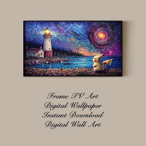 Arte del faro de Pikachu con marco para TV: exhibición de arte digital / exhibición de pared estrellada de Pokémon - Arte de papel tapiz digital - Descarga instantánea