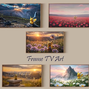 May include: Five framed art prints featuring scenic landscapes with a cartoon Pikachu character. The prints depict various settings, including mountains, fields of flowers, and sunsets. The text "Frame TV Art" is displayed below the images.