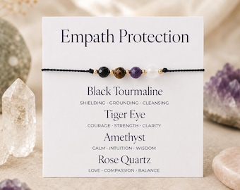 Empath Protection Cord Crystal Bracelet – 4mm Black Tourmaline, Tiger Eye, Rose Quartz & Amethyst
