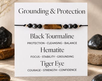 Grounding & Protection Bracelet - Black Tourmaline, Hematite, Tiger Eye - Strength and Balance