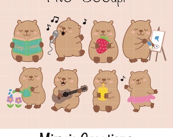 Pacote de imagens PNG de capivaras kawaii: Clipart de animais fofos